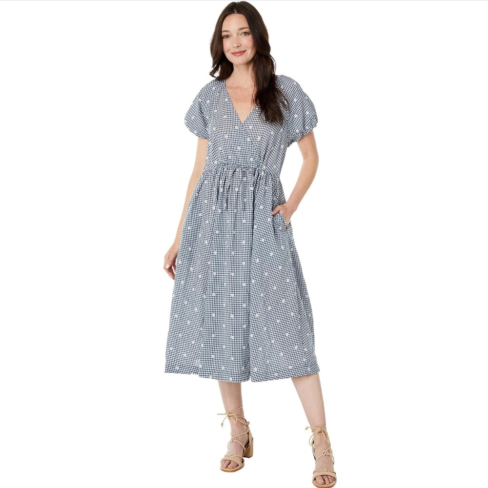 Madewell: Embroidered Gingham Faux-Wrap Tie-Waist Midi Dress (NWOT)